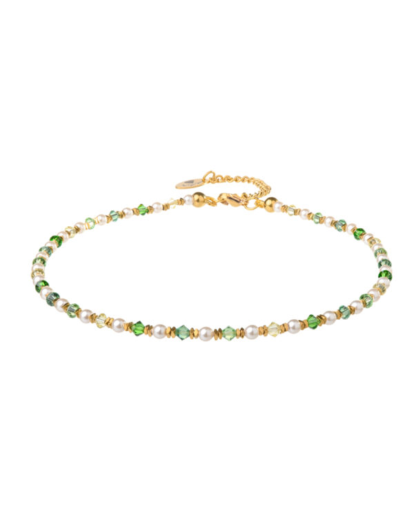 Crystal and Pearls Necklace in green tones with gold accents on a white background